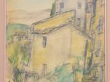 peinture d'une scène de rue avec des bâtiments et une personne marchant dans la rue