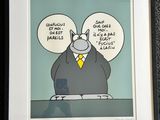 tableau encadré représentant un dessin humoristique d'un homme en costume-cravate, assis à un bureau, un téléphone portable à la main