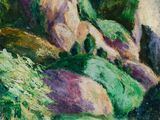 l'image d'un tableau représentant un paysage avec des montagnes en arrière-plan