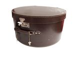 a brown hat case with a handle on a white background