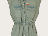 an image of a women ' s denim romper with a striped collar