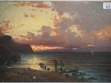 tableau représentant un coucher de soleil sur une plage, avec des personnes et des chiens