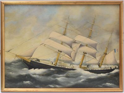 painting of a sailing ship in rough water with a sky background