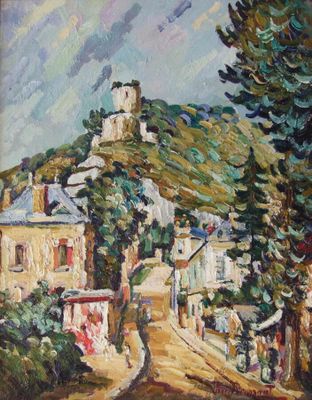 une peinture représentant une rue avec des maisons et des arbres en arrière-plan
