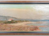 a painting of a beach scene with a house on the shore