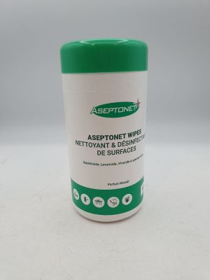 un gros plan d'un flacon de lingettes Aseptonet posé sur une surface blanche