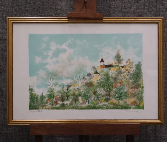 Epreuve d’artiste « Vue de château ». Aquarelle et pointe de feut...