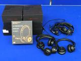 a box of headphones sitting on a blue table