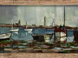 a painting of boats in a harbor with a lighthouse in the background
