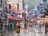 a painting of people walking down the street with umbrellas