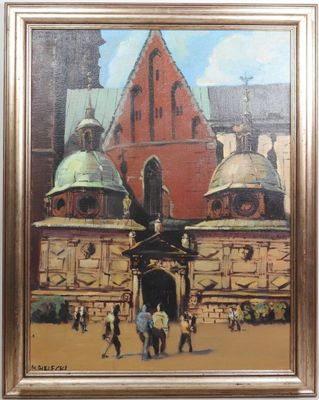 an oil painting of people walking in front of a red building