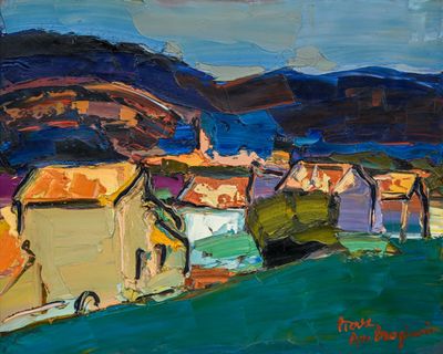 une peinture à l'huile représentant une petite ville avec une montagne en arrière-plan