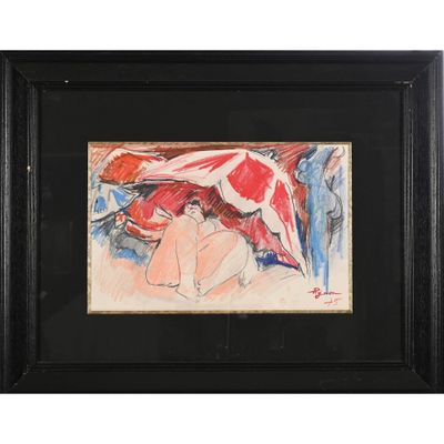 tableau représentant une femme en robe rouge tenant un parapluie rouge