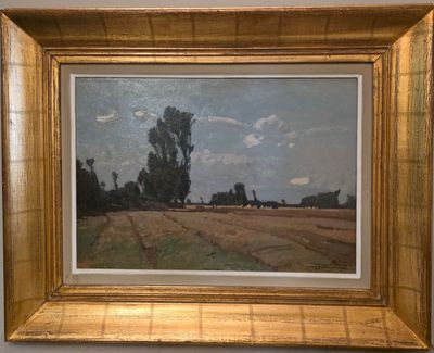 l'image d'une peinture d'un champ avec des arbres en arrière-plan