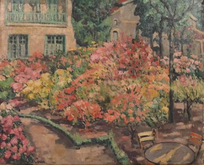 a painting of a garden with flowers and a bench