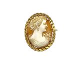 an image of a woman ' s profile is shown in a gold tone broochle