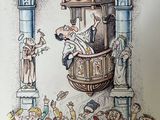 a drawing of a cartoon of a man on a balcony