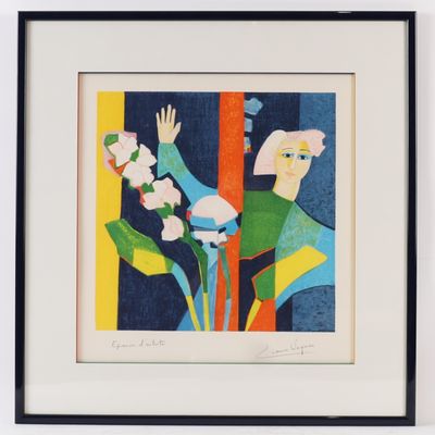 une image représentant un tableau d'une femme avec des fleurs dans un vase