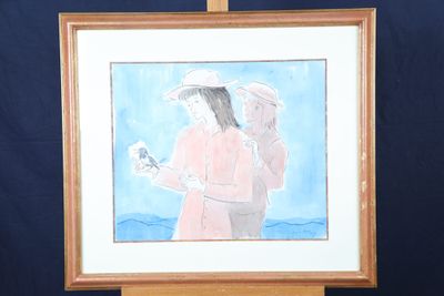 une photo d'un tableau représentant une femme et un homme tenant un oiseau