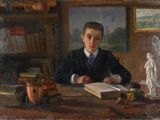 painting of a young man sitting at a desk with a book