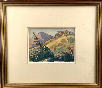 an image of a painting of a mountain scene with trees in the foreground