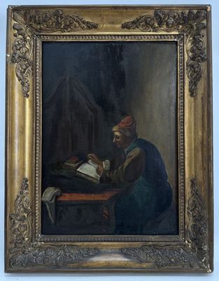 a painting of a man sitting at a table reading a book