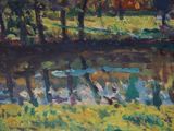 a painting of a pond in the middle of a field