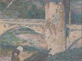 painting of a woman with an umbrella standing in front of a bridge