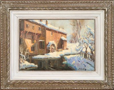 une image représentant un tableau d'une maison sous la neige