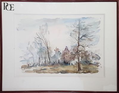 une photo d'une photo d'une aquarelle représentant une maison