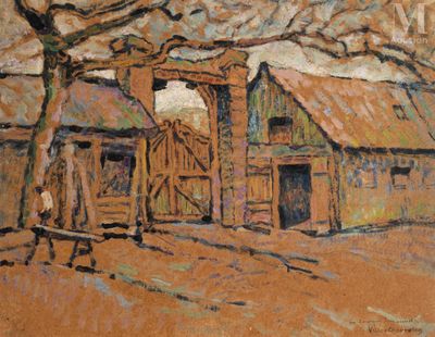 painting of an old barn with a man walking past it