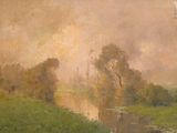 an image of a painting of a river with trees in the background