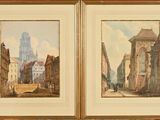two framed paintings of a street scene with a church in the background
