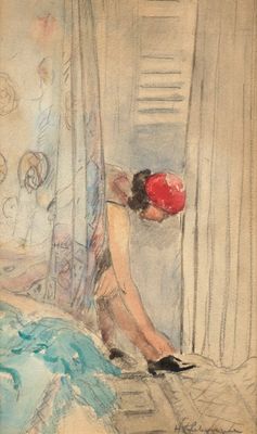 painting of a woman sitting on a bed with a red ball in her hand
