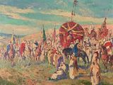 tableau représentant un grand groupe de personnes à cheval et un homme à cheval