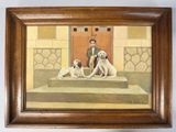 a painting of a man and two dogs sitting on the steps