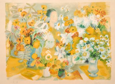 une peinture de fleurs dans un vase sur une table