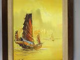 a picture of a painting of a boat on the water