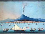 un tableau représentant des bateaux sur l'eau, avec un volcan en arrière-plan
