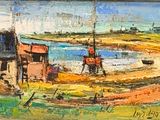 an oil painting of a painting of a beach scene with boats