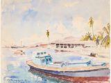 a watercolor painting of a boat in the water
