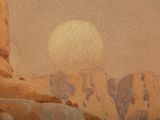 a painting of a man riding a horse in the desert