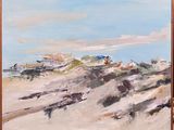 an oil painting of a beach scene with a blue sky in the background
