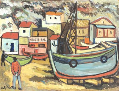 a painting of a man standing next to a boat on the beach