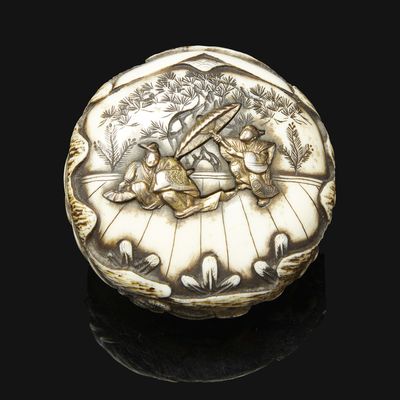 a silver box with a picture of a man and a woman in a boat