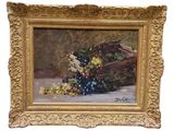 painting of a basket of grapes and grapes on a table