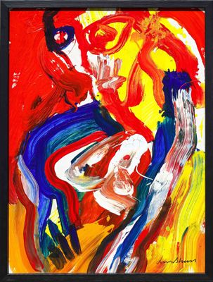 a painting of a man in a red shirt and blue pants