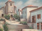 a painting of a building with a clock on the top of it