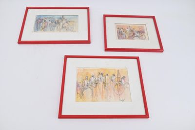 trois photos encadrées représentant des personnes sur un fond blanc, avec des cadres rouges