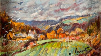 an oil painting of a rural landscape with fields and mountains in the background